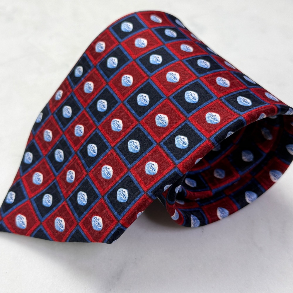 Pfizer 100% Silk Tie Red Navy Logo Pharmaceutical Drug Rep Medical Promo